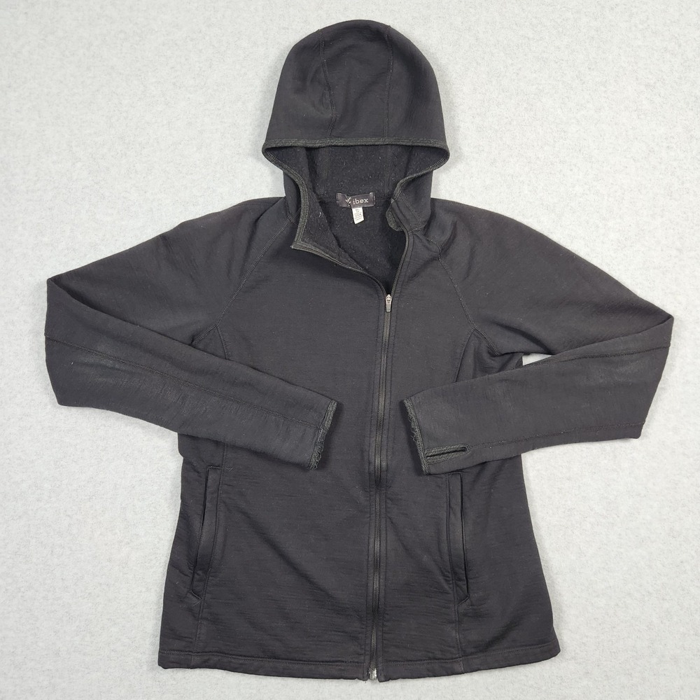 Ibex Hoodie Women Medium Black Nomad Asymmetrical Full Zip Merino Wool USA